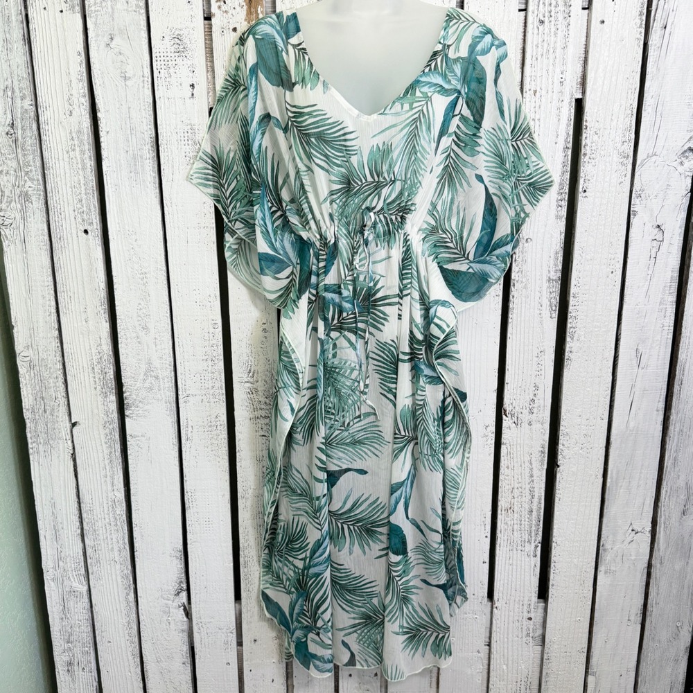 Tropical Kaftan Swim Coverup OS Med-XL Sheer Dress Palm Leaf Green White Boho